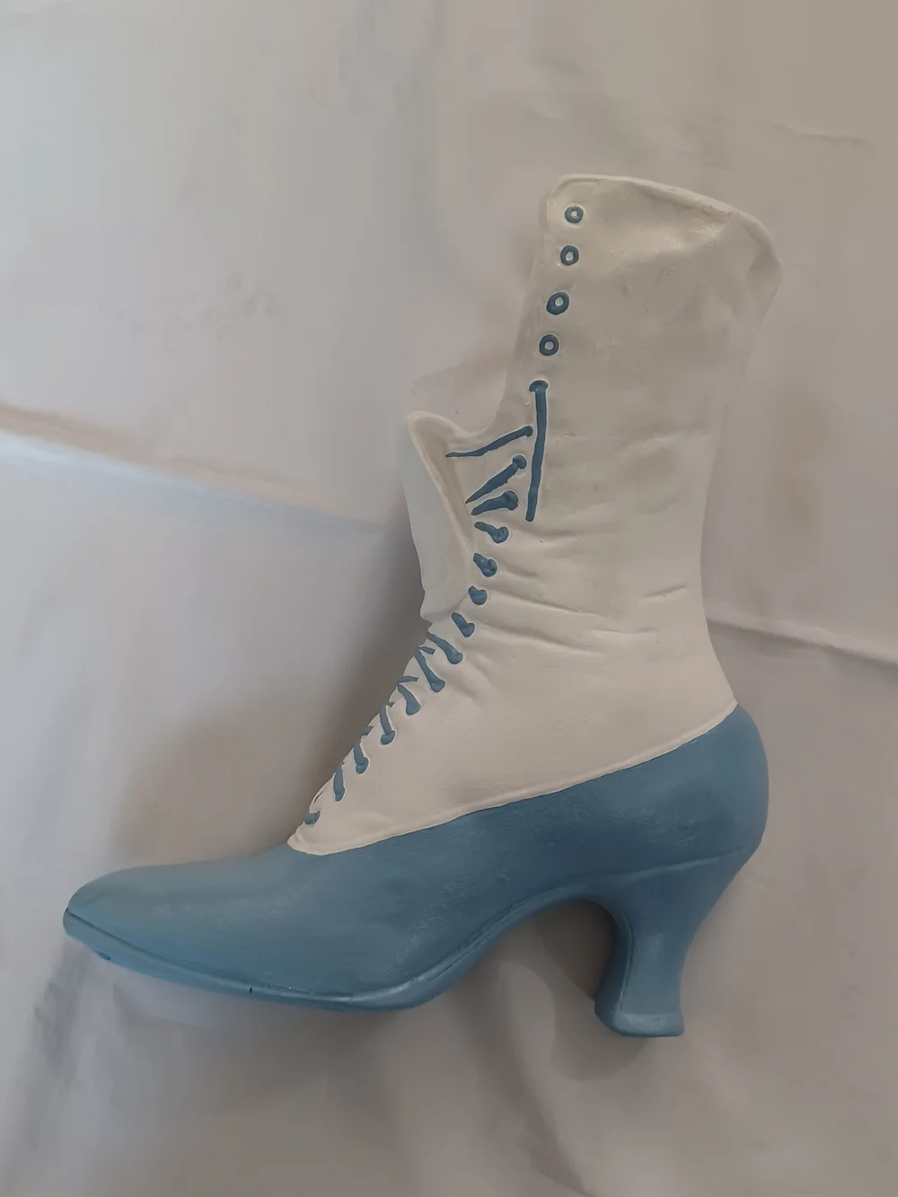 Large Blue White Victorian Lace Up Heeled Boot Shoe Ceramic Planter Vase Vintage